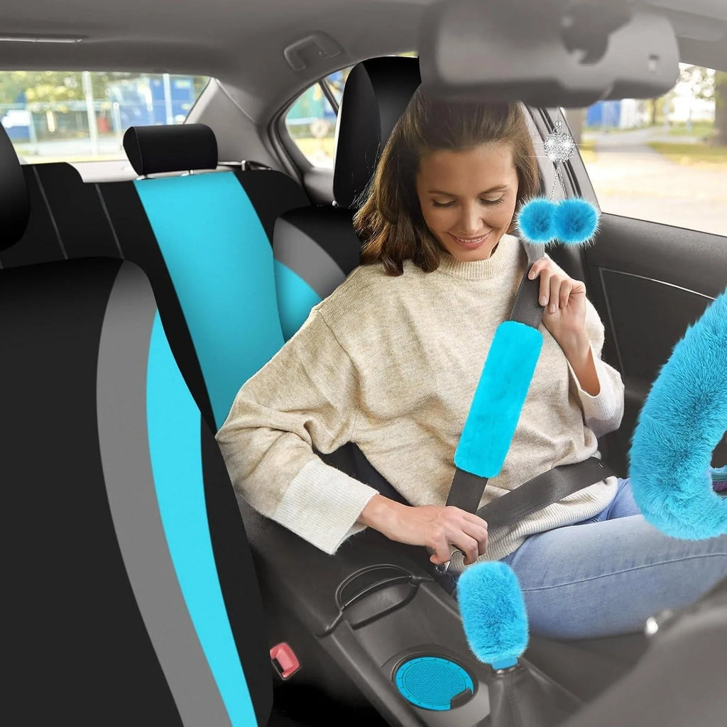 Fluffy Cute Women Car Accessories Set 45pcs Blue Steering Wheel Cover Seat Belt Handbrake Gear Shift Covers Great Gift