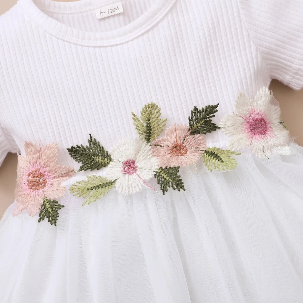 Baby Girl Dress Ribbed Embroidered Flower Short Sleeve Chiffon Dress+Headband 2Pcs/Set  for Baby Girls 0-3 Years Cute Baby Girl