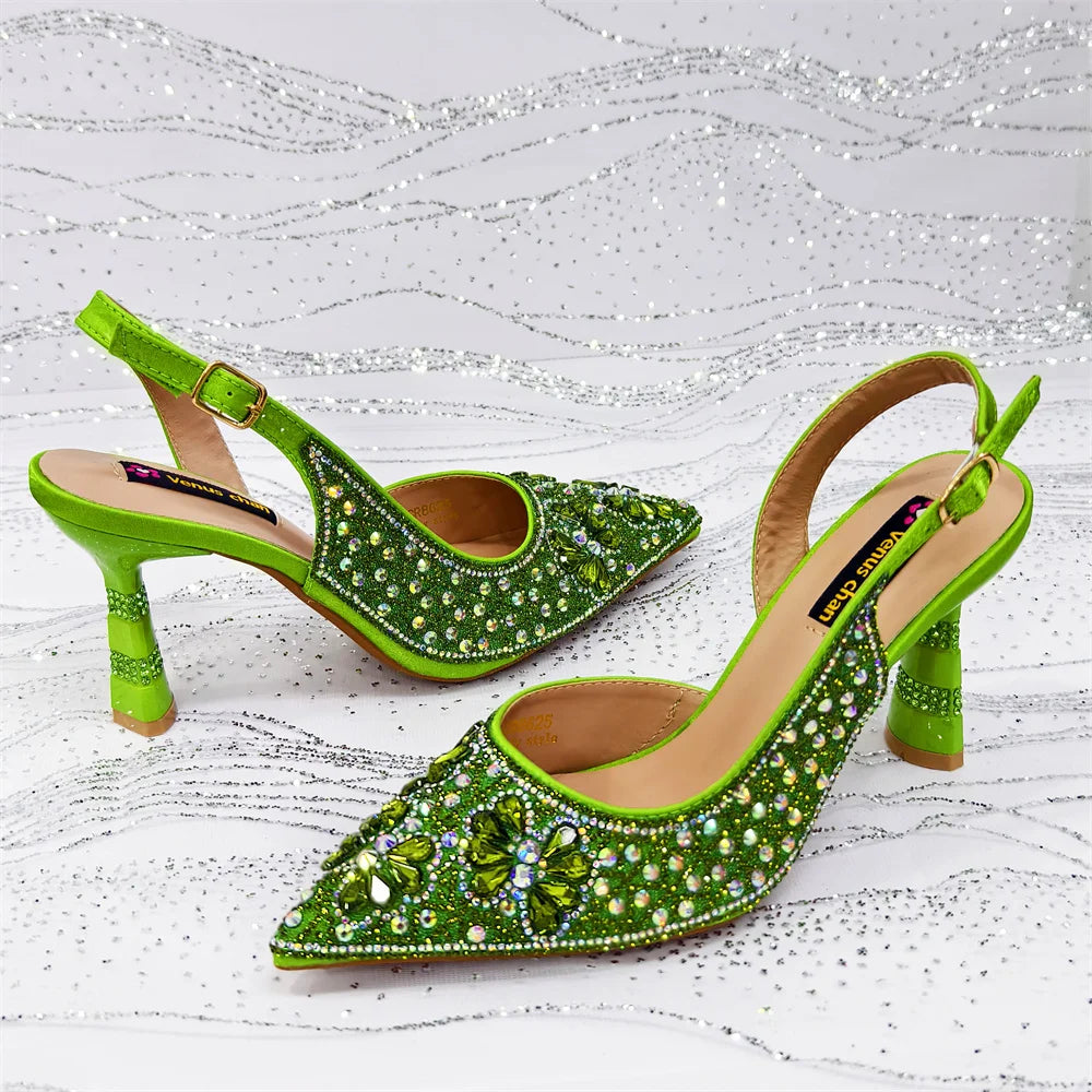 Venus Chan Gold Pointed Toe Rhinestone Heels & Bag Set, Sparkly Slingback Shoes for Women Wedding Party Evening Prom