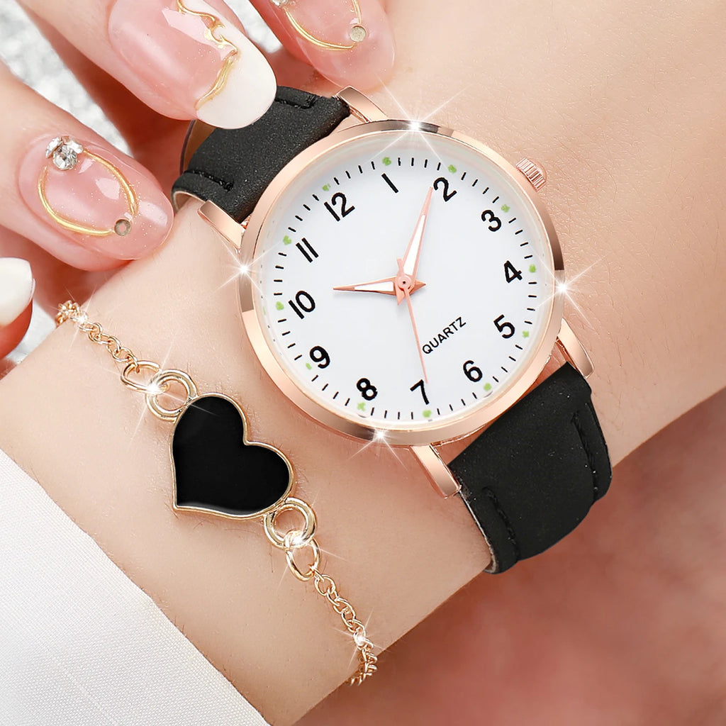 4/6PCS Fashion Leather Strap Women Quartz Watches Set Ladies Arabic Dial Wristwatch With Heart Bracelet Reloj Mujer(Without Box)