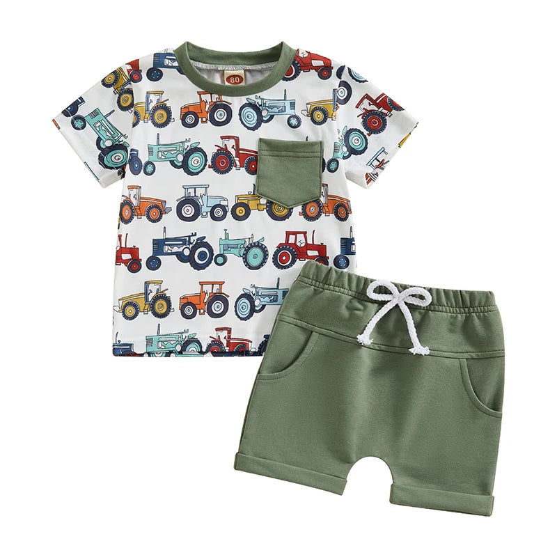 2024-03-08 Lioraitiin Toddler Baby Boys Summer Shorts Sets Short Sleeve Tractors Print Tops and Drawstring Shorts Sets