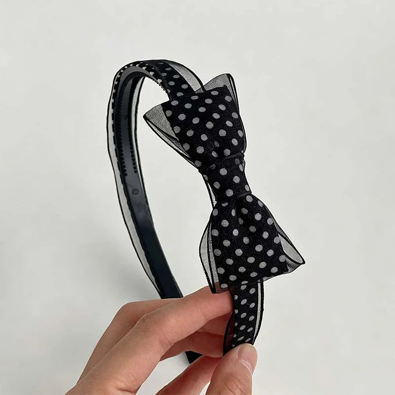 1PC Vintage Polka Dot Organza Bow Headbands Elegant Sheer Mesh Hair Hoops Sweet All-Match Hair Accessories For Women Daily