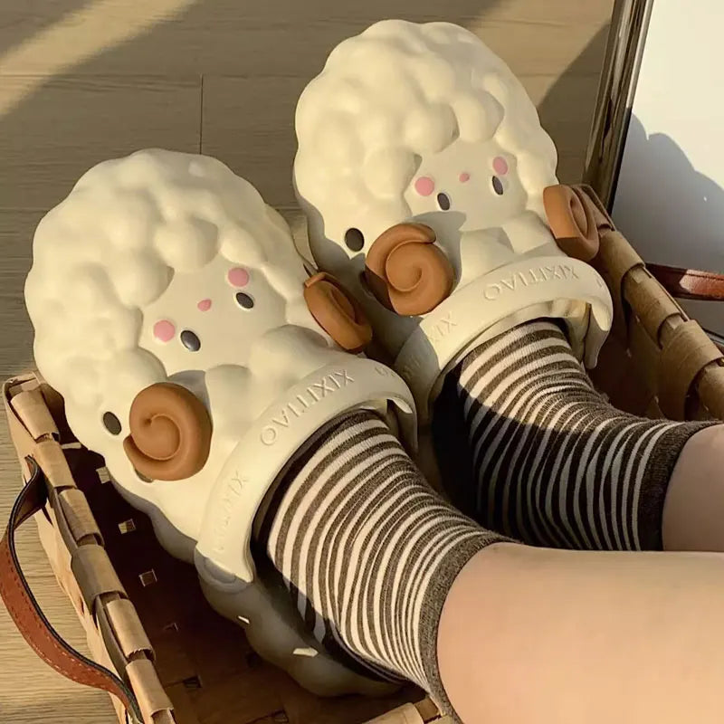 Mo Dou Women's Home Slippers Soft EVA Sandals Non-slip Toe-wrapped Lovely Cartoon Sheep for Men Cozy Parent-child Breathable