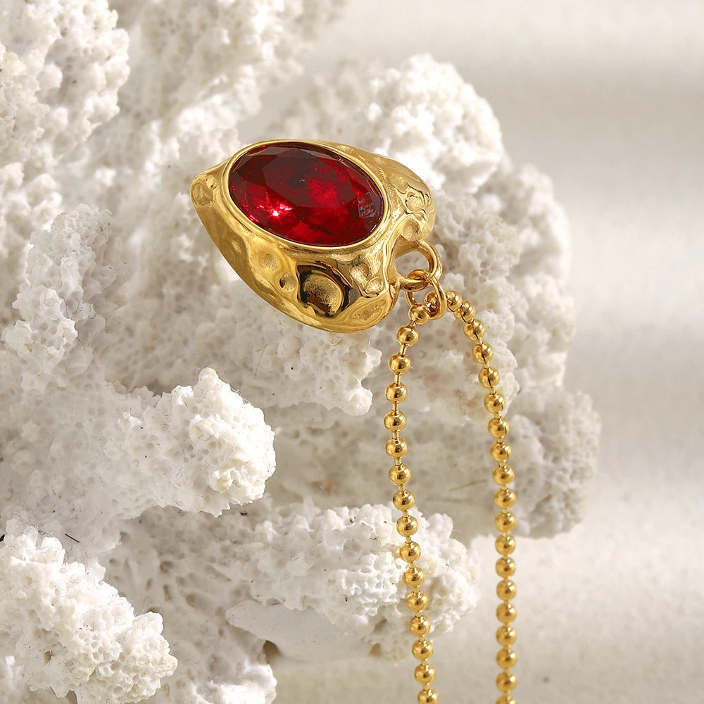 E.B.belle PVD Plated Beaded Chain Heart Shape Red Gemstone Pendant Necklace Stainless Steel Shiny Vintage Neck Jewelry