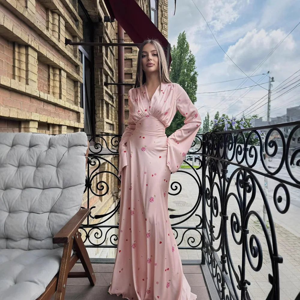 2025 Autumn Elegant Printed Satin Long Dress Women Slim Lace Up V-neck Full Sleeve Pleat Dresses Lady Party Evening Robes New