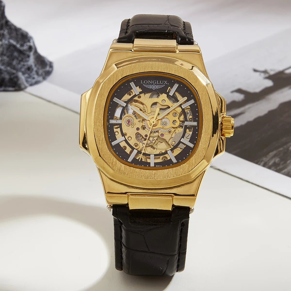 LONGLUX Automatic Mechanical Watch Outdoors Simple Luxury Watches Waterproof Cheap Wholesale Skeleton Leather Mens Watch Gift