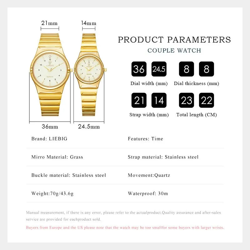 LIEBIG Women Quartz Watches Japan Movement Mens Luxury Stainless Steel Female Ladies Golden Wristwatch Clock Relogio Feminino