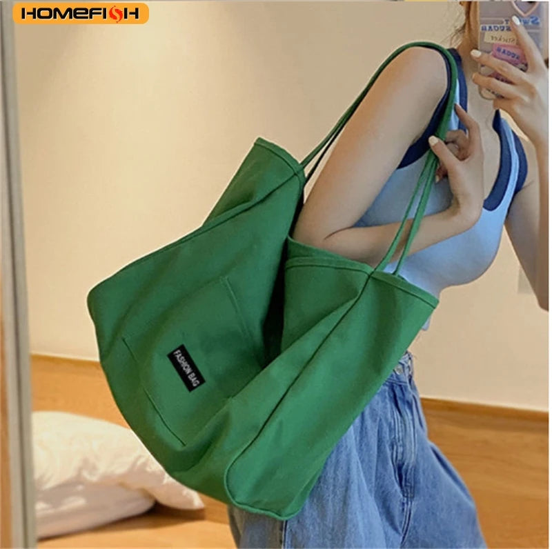 HOMEFISH Canvas Bag High Quality Reusable Shopping Shoulder Bag Women Simple Casual Daily Use Handbag Totes Female Portable