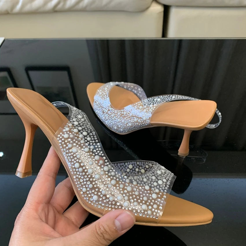 2025 Fashion Summer Women High Heels Pearl Decoration Slingback Woman Pumps Peep Toe High Heels Sandals Elegant Woman Shoes