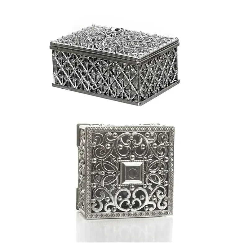 2Pcs Mini Treasure Jewelry Box Silver Hollow Flower Pattern Storage Case for Necklace Earring Ring