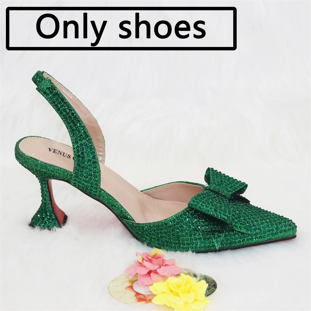 Venus Chan Bridal High Heels for Women 2023 Pointed Toe With Bows Gold Color Rhinestone  Elegant Party Wedding Shoe and Bag Set