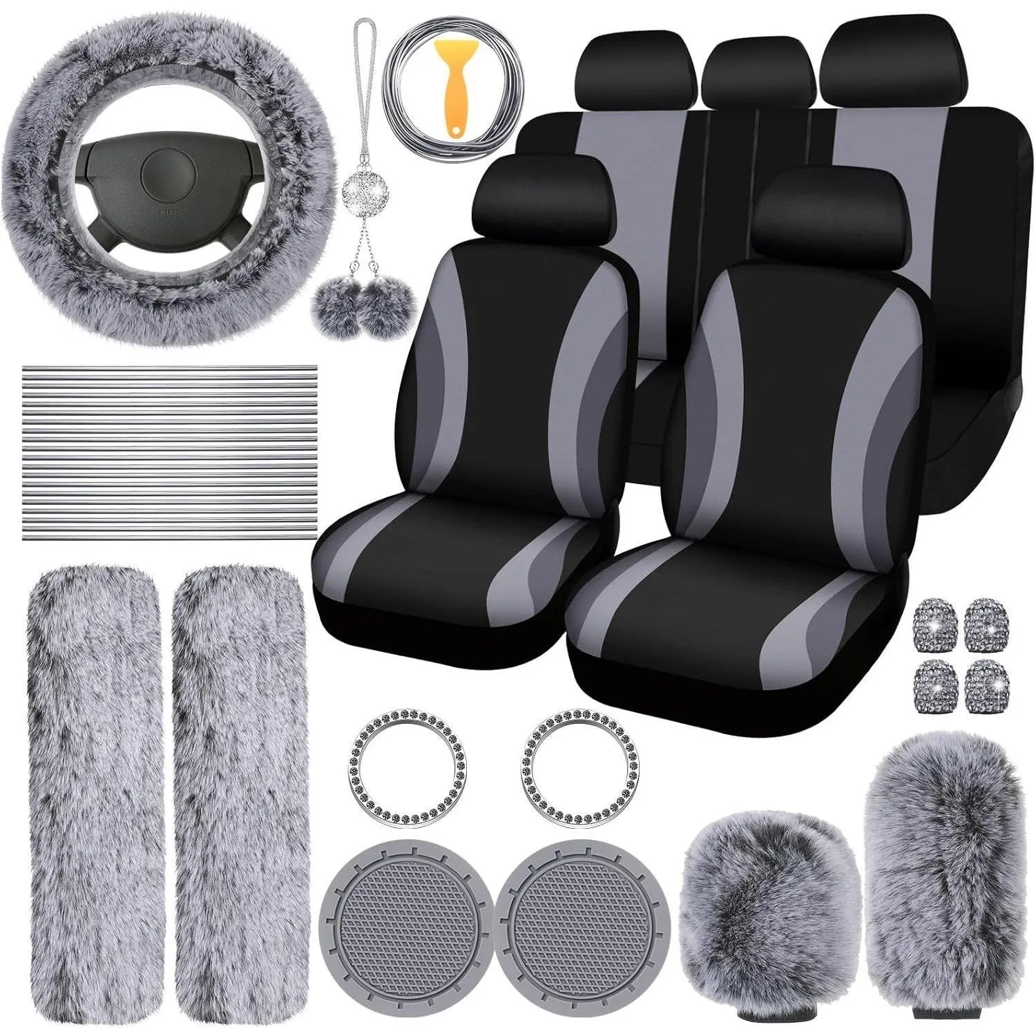 Fluffy Cute Women Car Accessories Set 45pcs Blue Steering Wheel Cover Seat Belt Handbrake Gear Shift Covers Great Gift
