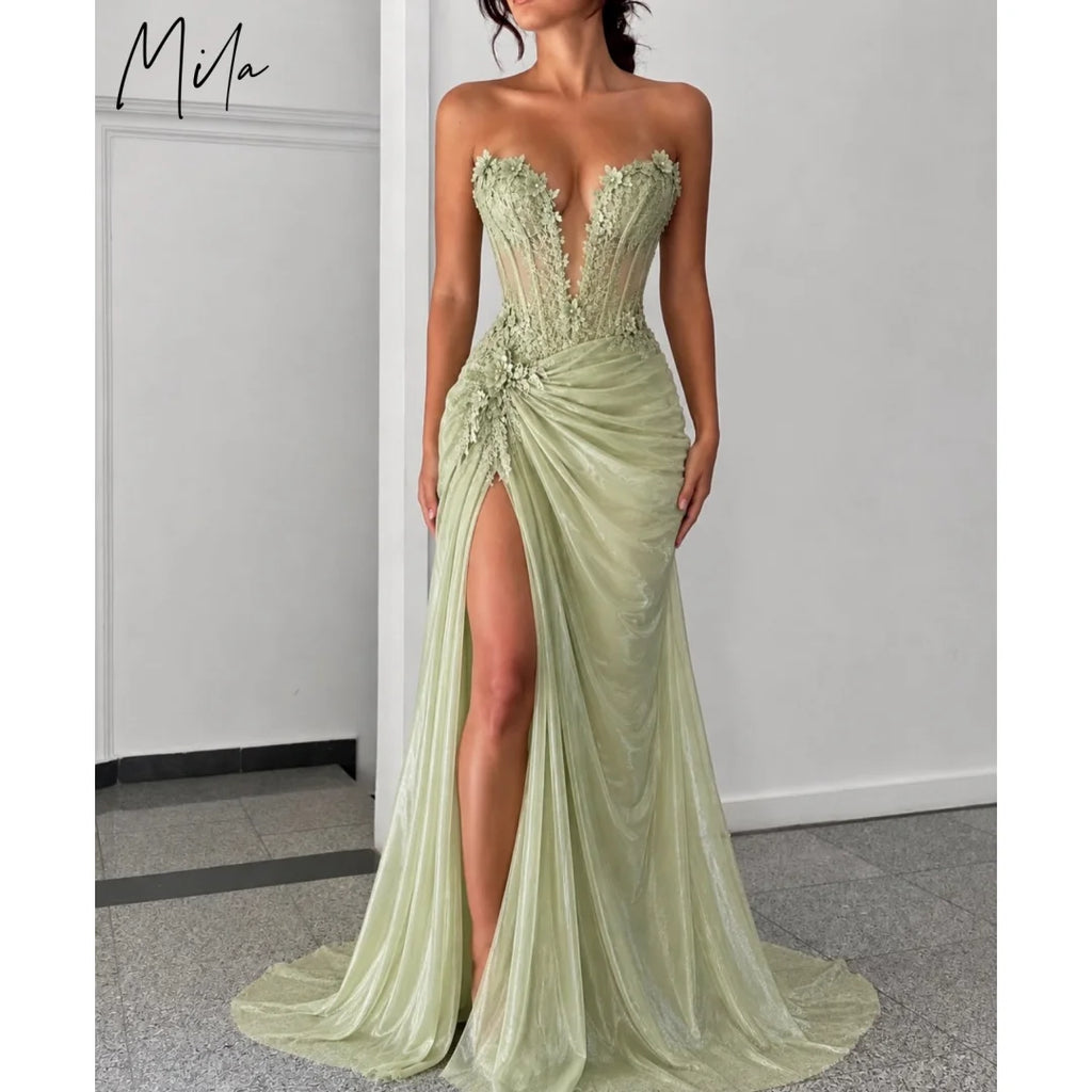 Mila Custom Sage Green Strapless Deep V Neck 3D Floral Sheer Corset High Slit Prom Dress Long Train Formal Evening Party Gown