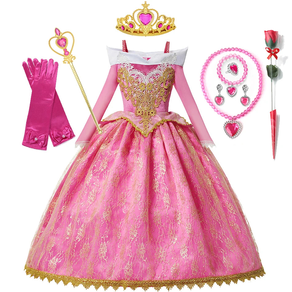 Sleeping Beauty Aurora Pink Gown Long Sleeve Princess Costume for Girls Carnival Birthday Party Cosplay Evening Dress 2-8Y