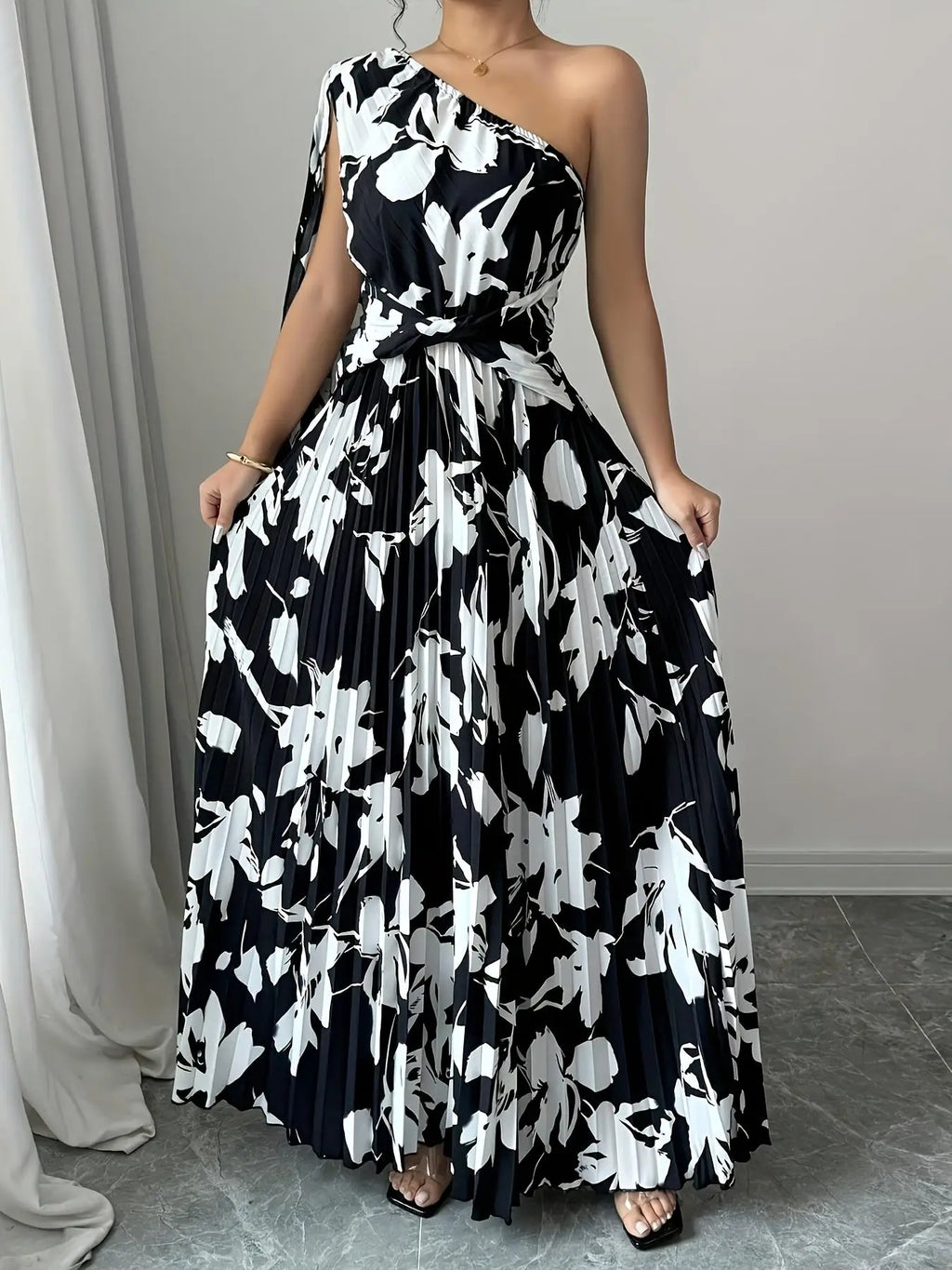 Women's Floral Print One-Shoulder Maxi Dress Wide Puff Sleeve Gathered Waist Elegant Long Dress for Spring/Fall Casual Party Out