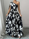 Women's Floral Print One-Shoulder Maxi Dress Wide Puff Sleeve Gathered Waist Elegant Long Dress for Spring/Fall Casual Party Out