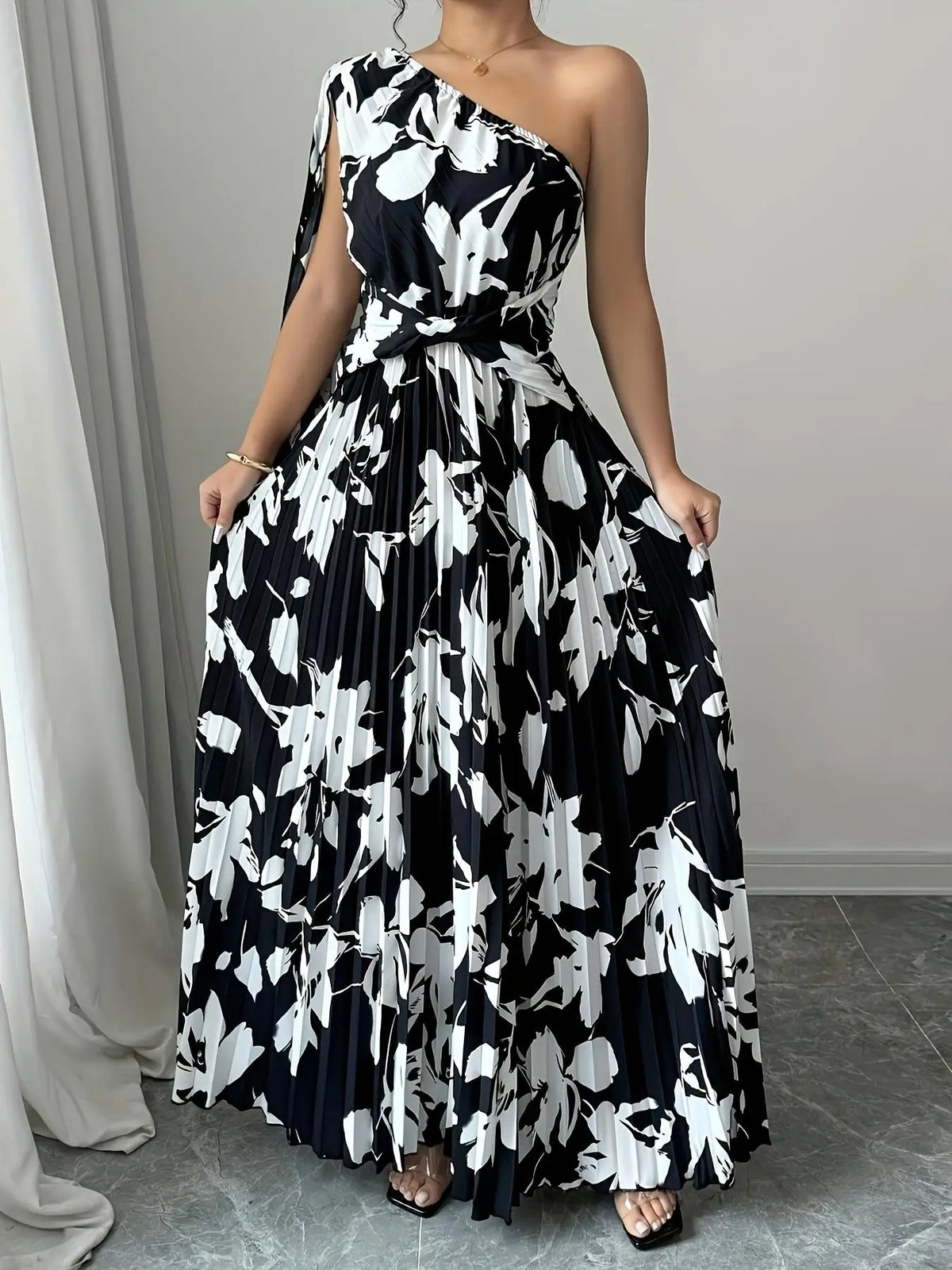 Women's Floral Print One-Shoulder Maxi Dress Wide Puff Sleeve Gathered Waist Elegant Long Dress for Spring/Fall Casual Party Out