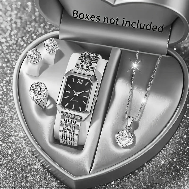 5PCS/Set Elegant Rectangle Women Watches Fashion Roma Dial Ladies Quartz Wristwatch Rhinestone Jewelry Set（Without Box）