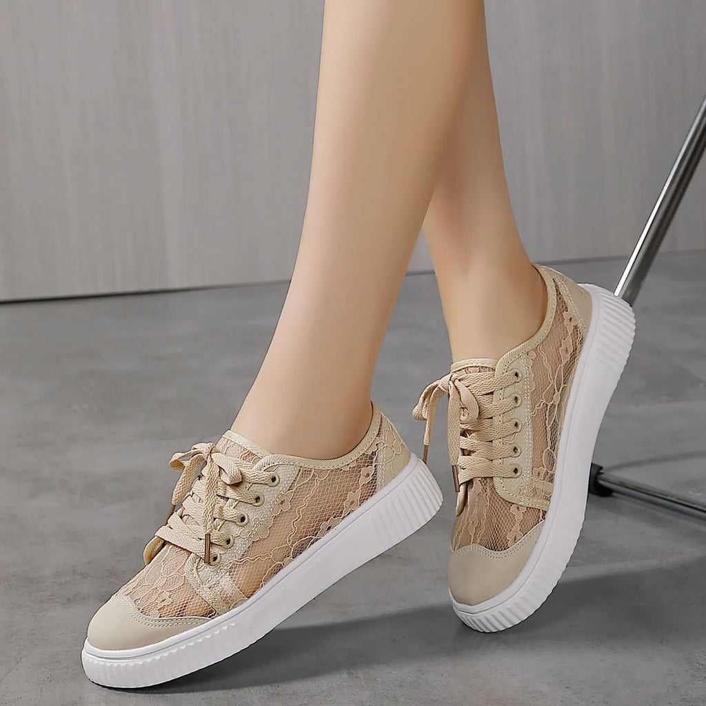 Women's Floral Lace Breathable Platform Shoes Spring Summer Thick Mid Top Lace Up Shoes Comfortable Outdoor Daily Casual Shoes