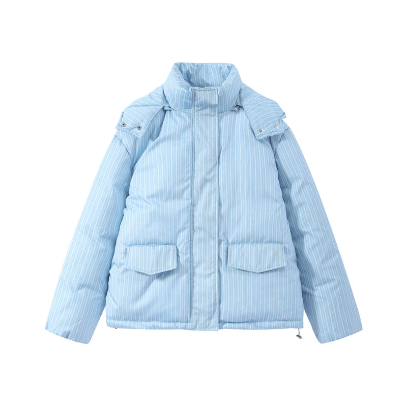 Chic Striped Hooded Puffer Coat Set Women Quilted Full Sleeve Zip Jacket Wide Leg Pants 2026 New Lady Autumn Winter Warm Outfit