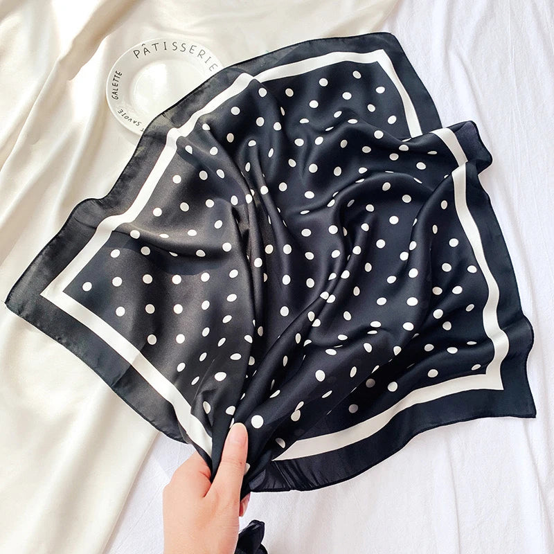 1pcs 70cm Luxury Fresh Polka Dot Printed Silk Scarf for Women Imitation Silk Simple Hijab and Elegant Headwear Square Bandana
