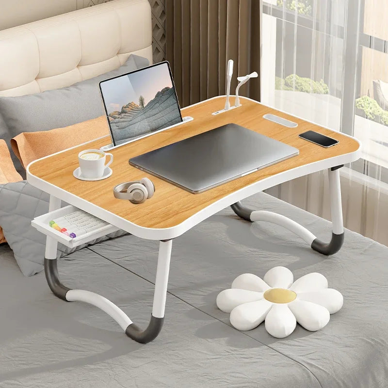 Portable Laptop Desk with USB Light & Fan, Built-in Cup Holder & Tablet Slot, Foldable Adjustable Laptop Table for Bed Sofa Work