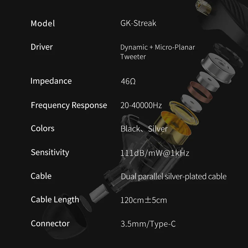 GK Streak Hi-Fi In-Ear Monitors KUN  Dynamic + Micro Planar Dual-Driver Earphones with Detachable Cable GK-KUNTEN Upgraded