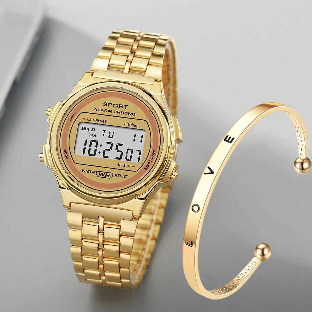 Women Casual LED Electronic Watch Retro Stainless Steel Strap Ladies LED Digital Watch Multifunction Sports Wristwatch Clock