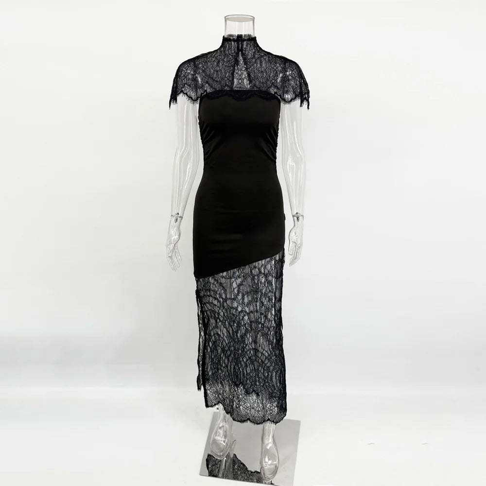 Elegant Lace Printed Long Dress For Women See-Through Turtleneck Patchwork Bandeau Party Dress Female Spring Maxi Dress 2026