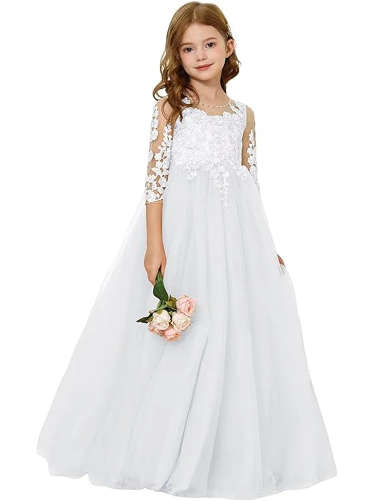 Lace Floral Appliques Flower Girl Dress 3/4 Sleeve Girls Pageant Tulle Ball Gown