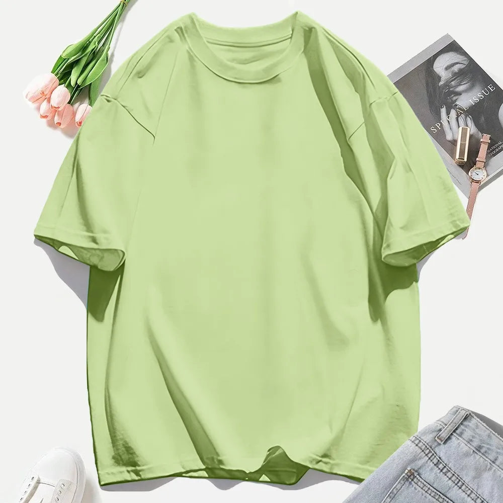 Y2K Woman 100% Cotton T Shirts Solid Color Casual T-Shirt O-Neck Summer Tops For Women Fashion Oversized Female Sportswear