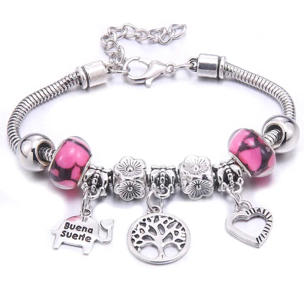 Pink Charm Bangle Lobster Buckle Snake Chain Beaded Bangles For Women Summer Romantic Gift Fashion Butterfly Bracelet Jewelry