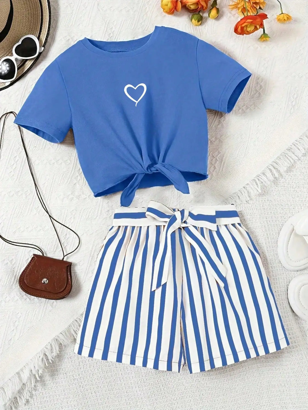 Women's Casual Daily Short-Sleeved Love Printed+Striped Printed Shorts 2-Piece Set with Random Belt Striped Children's Clothing