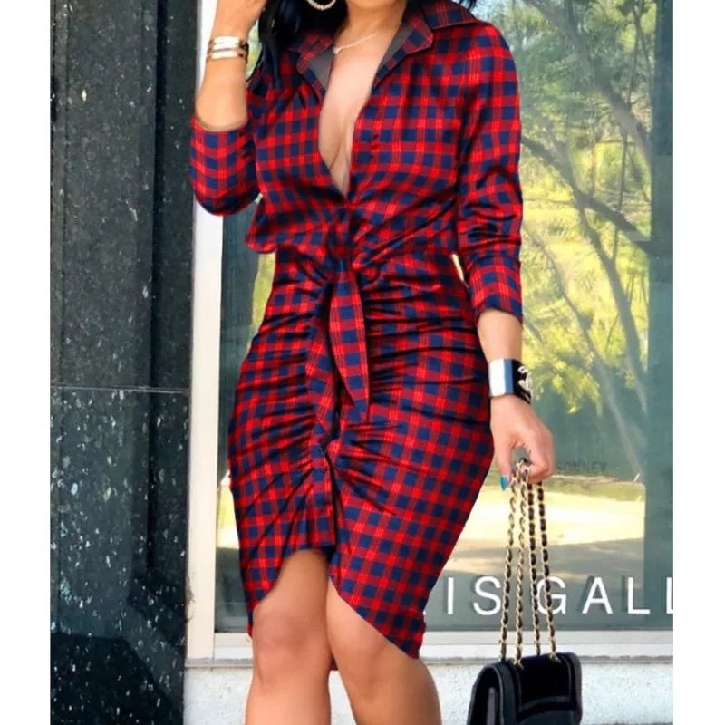 Summer Autumn New Elegant Ladies's Dress 2024 V-neck Strap Solid Color Elastic Waist Bag Hip Printed Long Sleeve Shirt Dress