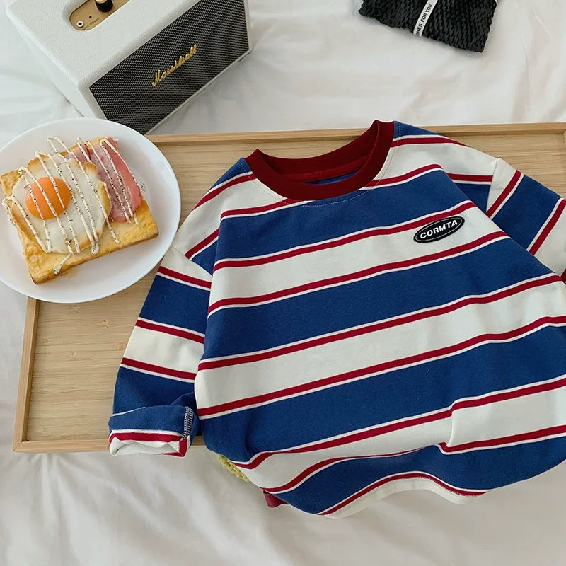 Stylish Boys' Striped Sweatshirt  Comfortable Long Sleeve Top for Spring & Autumn Casual Base Layer Shirt