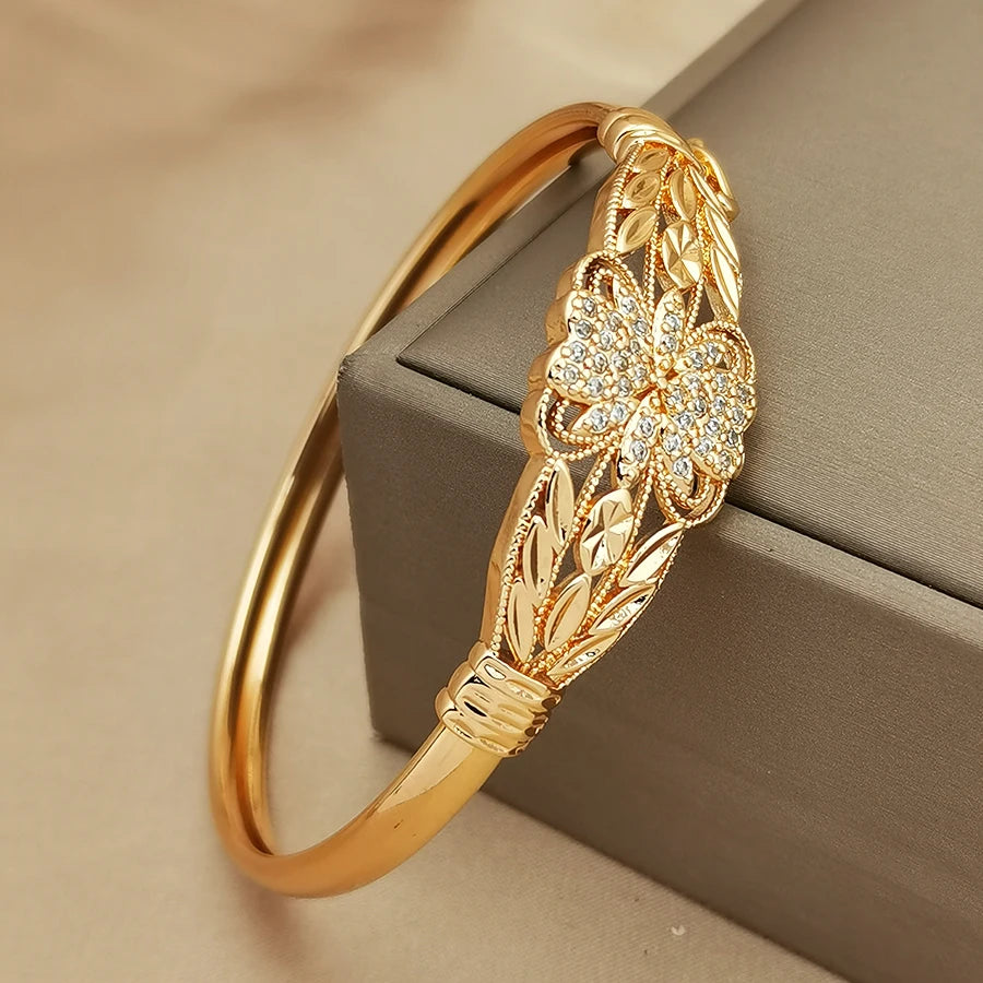 1Pcs Women's Gold Plated Flower Zircon Bangle, Hollow Filigree Design, Elegant Statement Bracelet for Daily Wear
