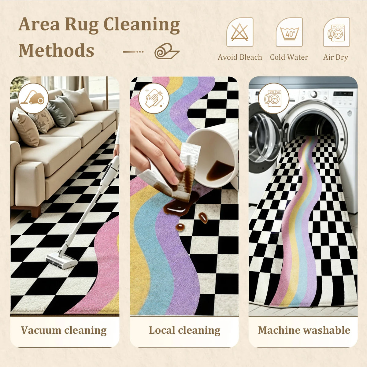 Large Indoor Area Rug, Soft Velvet Low Pile Checkered Retro Rainbow Wave Rug, Non-slip Dotted Backing, Machine Washable for Living Room, Bedroom