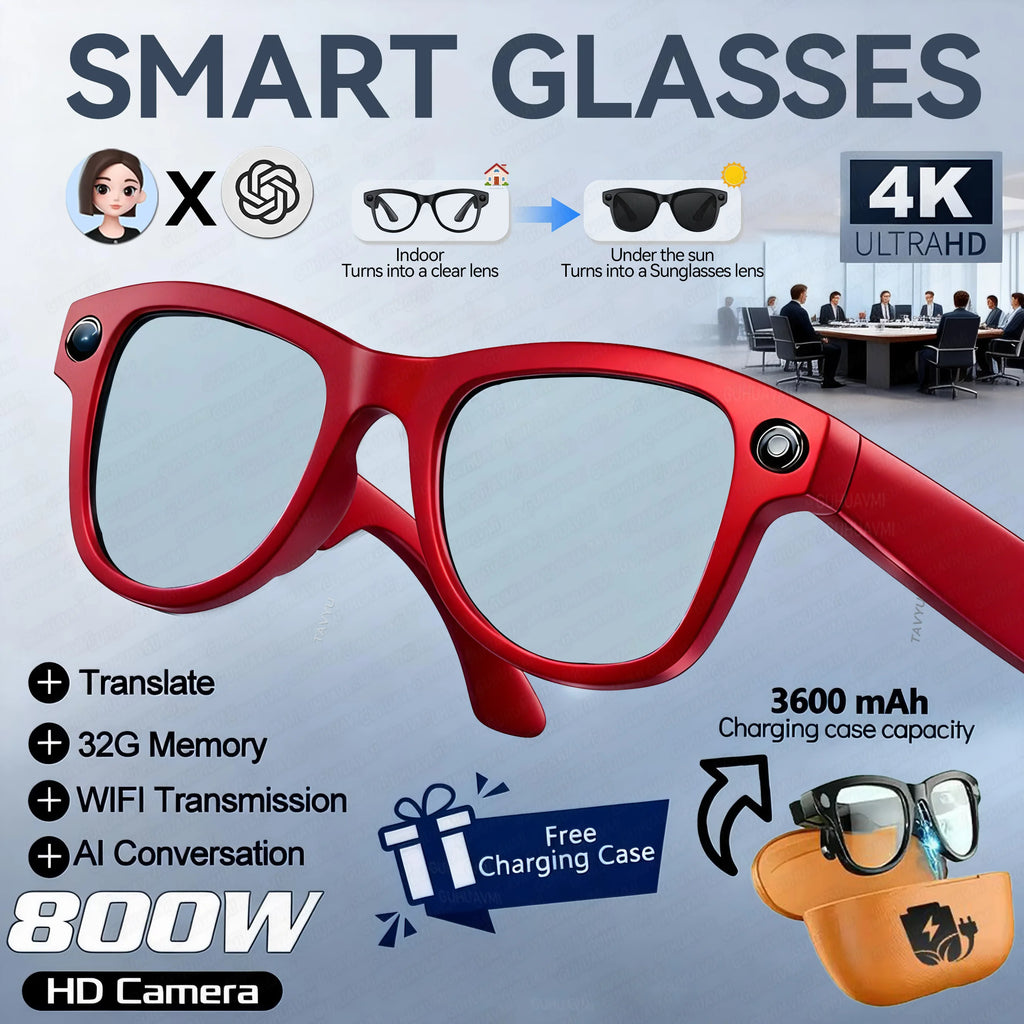2026 New TOP1 Photochromic Smart Glasses 8MP HD Camera 30MP Photo 1200P Video Recording AI Translation Bluetooth Call Sunglasses
