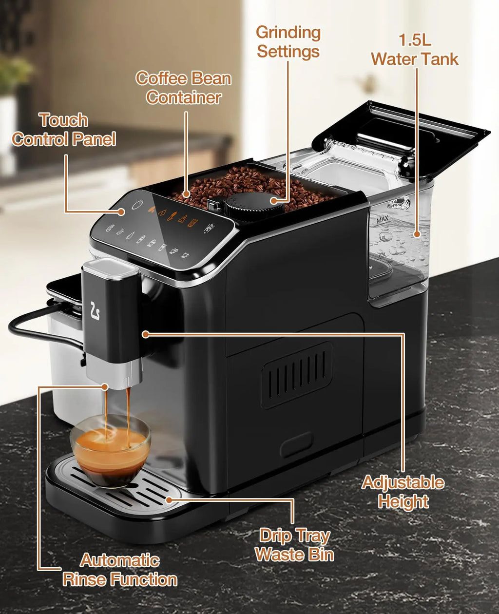 20 Bar Fully Automatic Espresso Machine With Grinder Milk Frother One-Touch 6 Recipes 1.5L Tank Self-Cleaning For Home Office