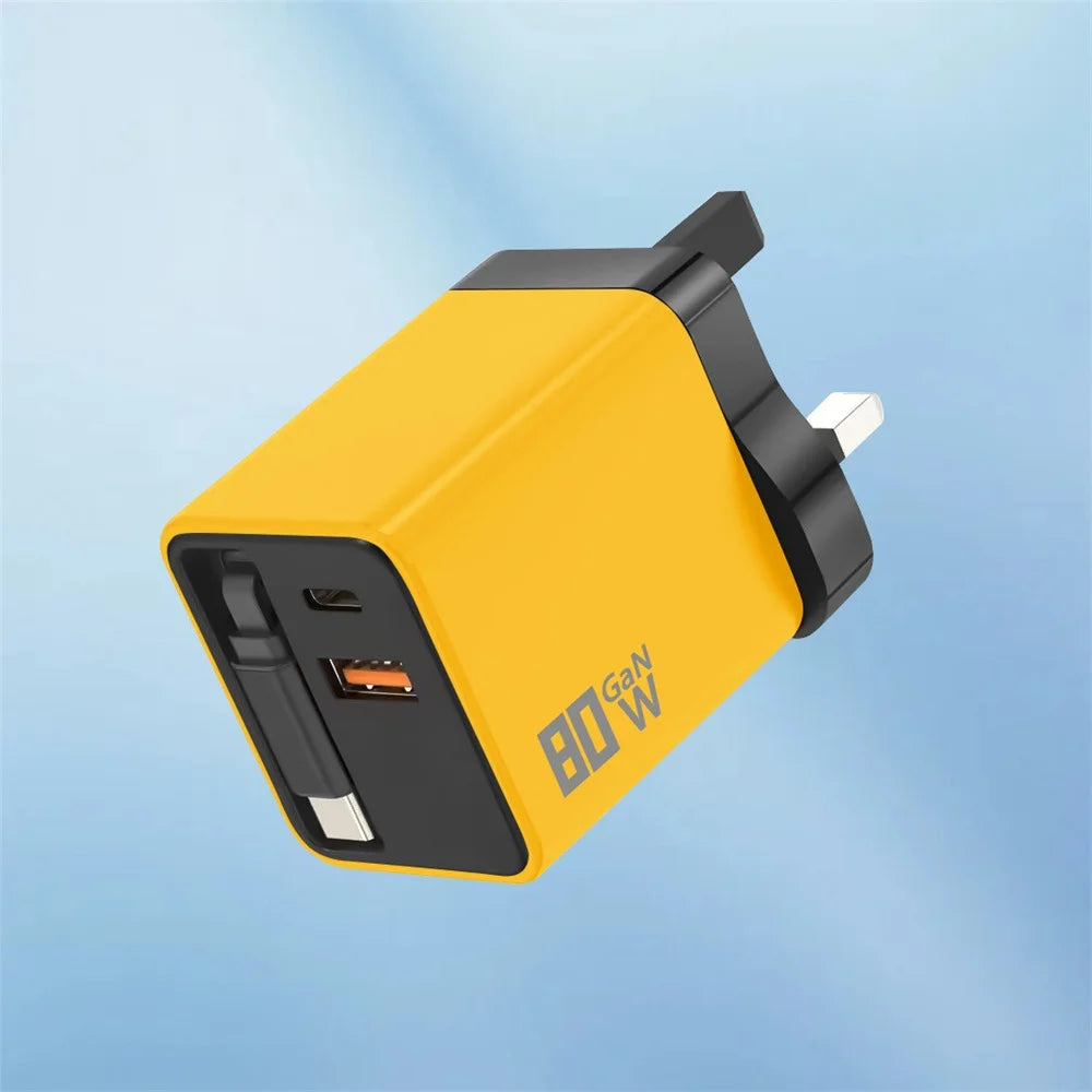 80W GaN USB Type C Charger Fast Charging With Built-in PD Cable USB C Quick Charger EU/US/UK Plug For iPhone 17 16 Xiaomi Huawei