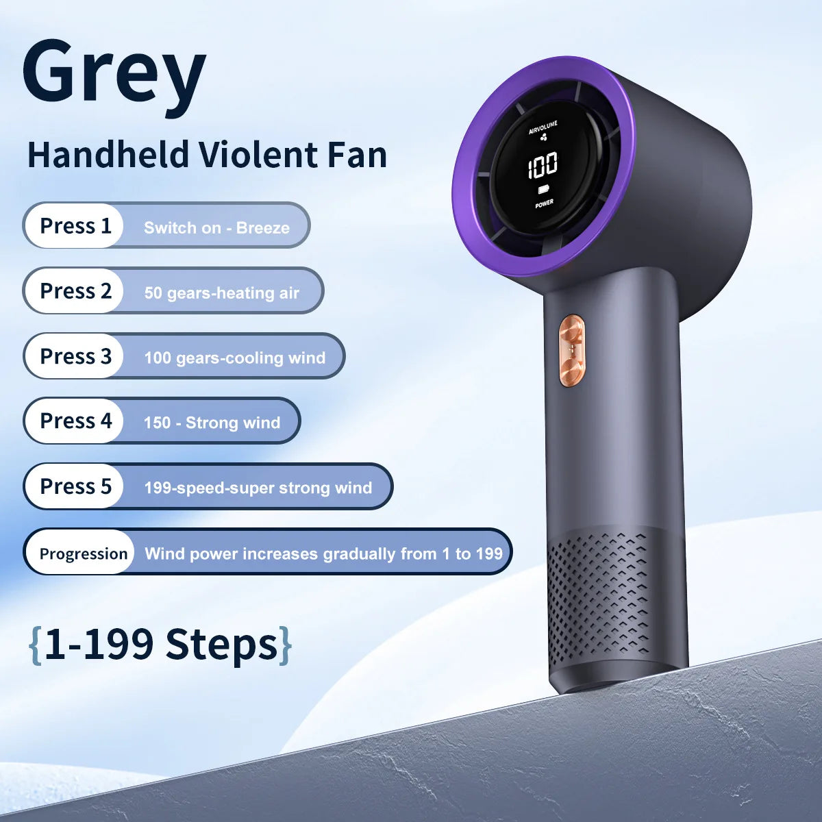 Handheld High Speed Mini Fan, Portable Personal Air Cooler Heater with 199 Levels Infinite Wind Speed Adjustment