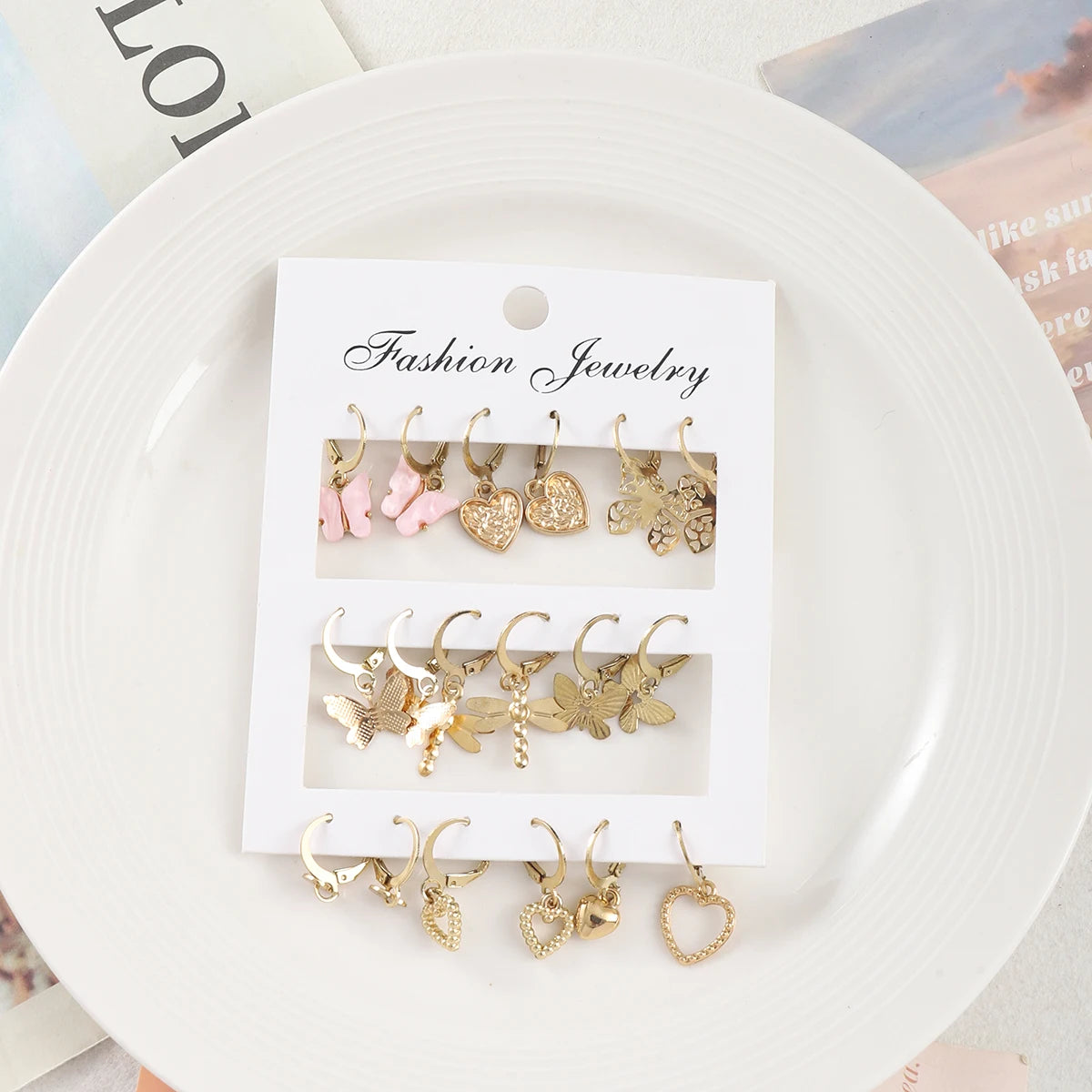 6 Pairs Korean Fashion Metal Start Heart Circle Small Earrings For Women Trend Black Heart Enamel Earrings Sweet Jewelry