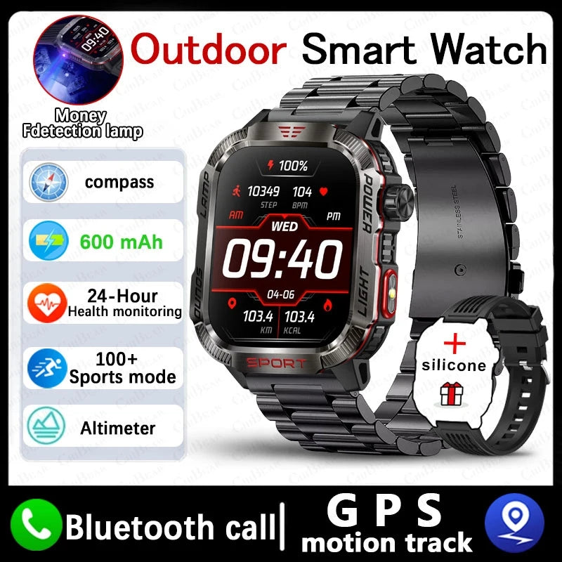 New Military Outdoor Smartwatch Men GPS Compass 600mAh BT Call 2.01" Screen Sports LED Flashlight 5ATM Waterproof Smart Watch