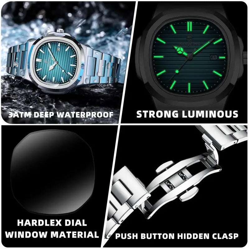 PAAZOMU Top Luxury Military Man Watch Square Waterproof Luminous Date Week Men Watch Stainless Steel Quartz Men's Watches Reloj