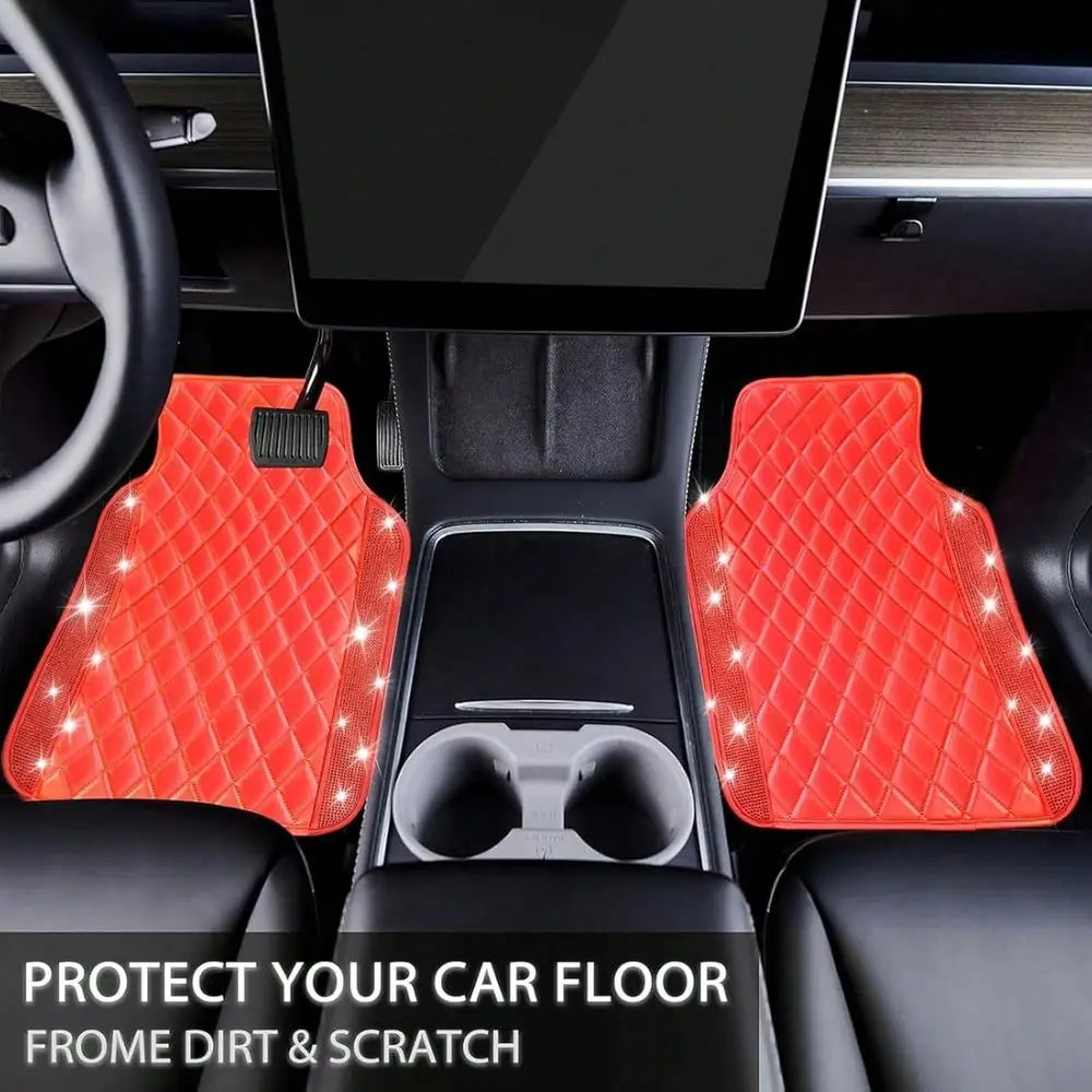 5 Pcs Bling Leather Car Mats, Sparkly Rhinestone Floor Mats, Anti-Slip Waterproof Universal Pads for SUV, Sedan, Van, Women
