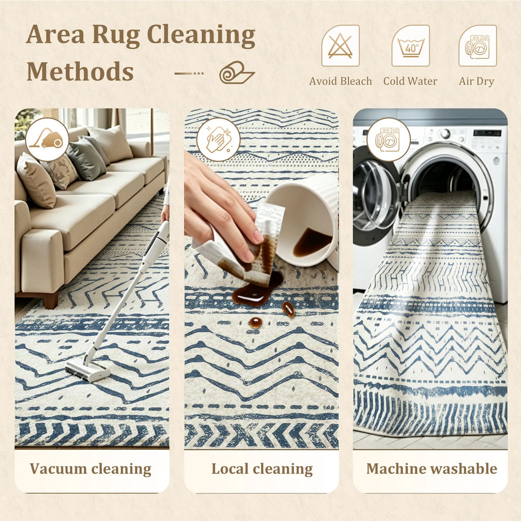 Large Indoor Area Rug: Soft Velvet, Low Pile, Non-Slip Dotted Backing, Machine Washable Navy Blue Tribal Geometric Zigzag Striped Rug for Living Room, Bedroom, Entryway