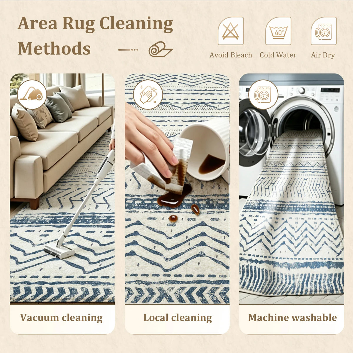 Large Indoor Area Rug: Soft Velvet, Low Pile, Non-Slip Dotted Backing, Machine Washable Navy Blue Tribal Geometric Zigzag Striped Rug for Living Room, Bedroom, Entryway