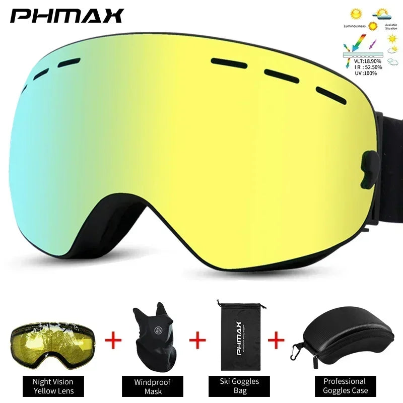 PHMAX Ski/Snowboard Goggles for Men Women, OTG Snow Goggles Anti Fog UV Protection Red Double Layers Lens Wide Vision Winter