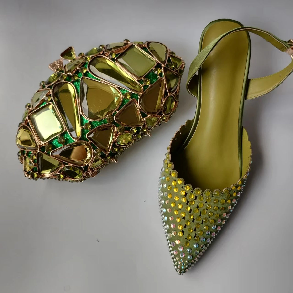 INSIGHTLINK Luxury Olive Green Rhinestones Women's Shoe and Bag Set for Party Wedding Crystals Heeled Pumps and Handbag Sandals