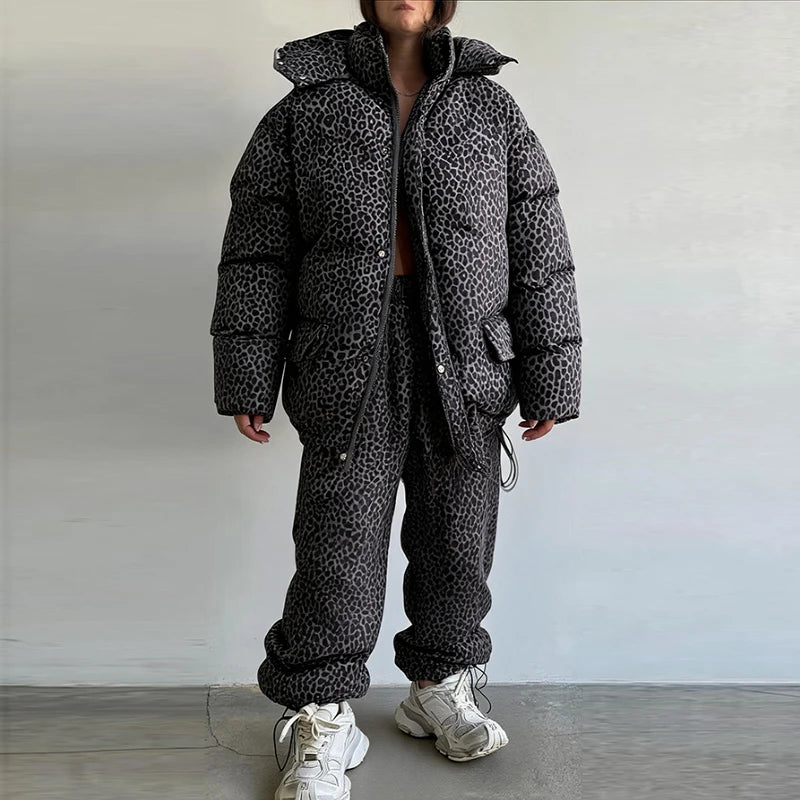 Fashion Women's Stripe Cotton Padded Coat Pant Set Loose Full Sleeve Hooded Zipper Jacket Elastic Waist Pants 2026 Winter Suits